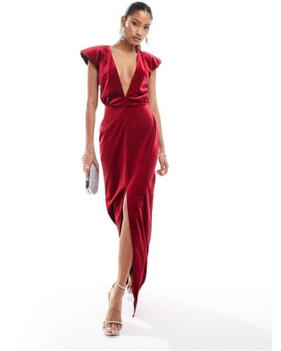 ASOS Premium Velvet Plunge Maxi Dress With Shoulder Pads - Red