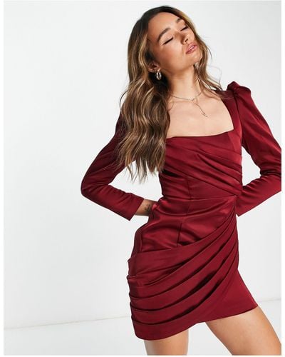 Lavish Alice Bonded Satin Puff Sleeve Mini Dress - Red