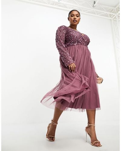 Beauut Plus Bridesmaid Long Sleeve Embellished Midi Dress - Pink
