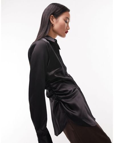 TOPSHOP Premium Ruched Side Slim Satin Shirt - Black