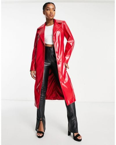 Miss Selfridge Vinyl Faux Leather Trench Coat - Red