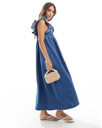 ASOS Soft Denim Smock Maxi Dress With Bow Back - Blue