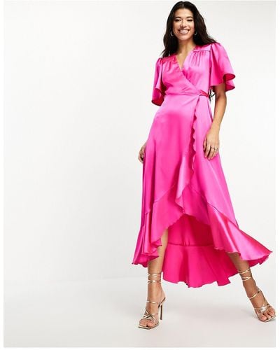Flounce London Flutter Sleeve Wrap Front Satin Maxi Dress - Pink