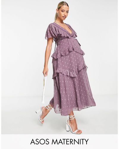 ASOS Asos Design Maternity Dobby Tiered Midi Dress With Lace Insert And Open Back - Purple