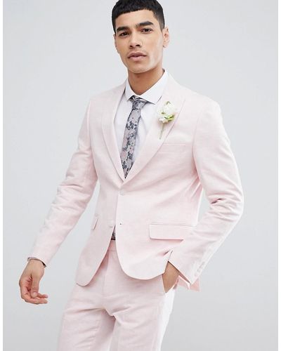 Moss Moss London Wedding Skinny Suit Jacket In Light Pink Linen