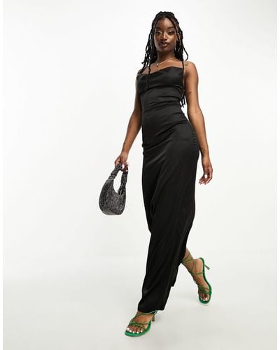 Naanaa Satin Cowl Neck Maxi Dress With Tie Back Detail - Black
