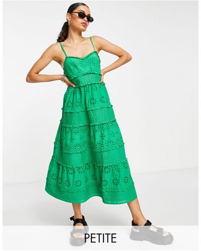 Topshop Unique Midi-jurk Met Smalle Bandjes, Broderie En Plooitjes - Groen