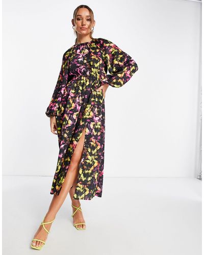 TOPSHOP Midi-jurk Met Open Achterkant, Aangerimpelde Taille En Neonkleurige Bloemenprint - Wit