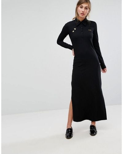 Fred Perry Bella Freud Pique Maxi Dress With Retro Collar - Black
