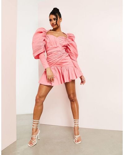 ASOS Cotton Puff Sleeve Mini Dress - Pink