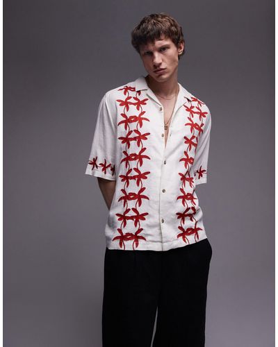 TOPMAN Short Sleeve Relaxed Fit Shirt With Red Floral - Grey