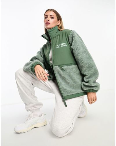 ASOS Asos Design Weekend Collective Borg Nylon Zip Through Fleece - Green