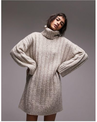 TOPSHOP Knitted Wide Rib Roll Neck Dress - Brown