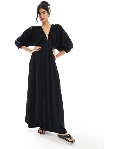 ASOS Plunge Elastic Tea Midi Dress With Ruched Waist - Black