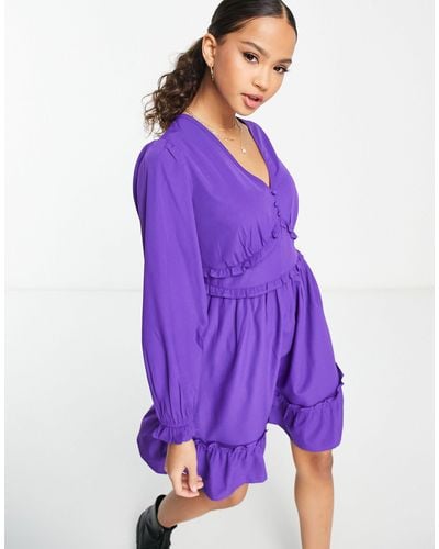 New Look Button Frill Mini Dress With Shirred Long Sleeves - Purple