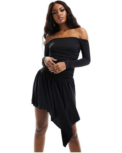 Miss Selfridge Asymmetric Ruched Long Sleeve Mini Dress - Black