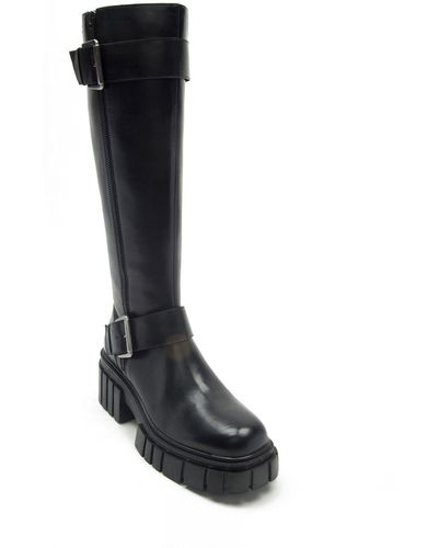 OFF THE HOOK Finchley High Leg Buckle Strap Leather Zip Biker Boots - Black