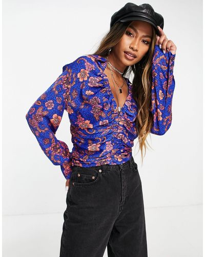 Free People Floral Printed Blouse With Ruched Front - Blue