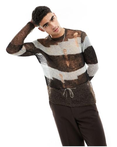 ASOS Knitted Sheer Mesh Laddered Jumper With Stripe - Black