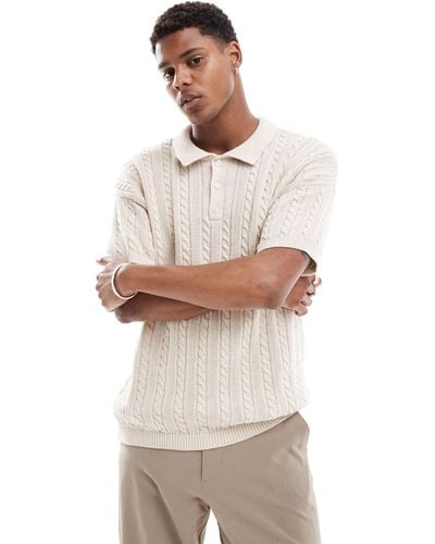New Look Short Sleeve Textured Knit Stripe Polo - White