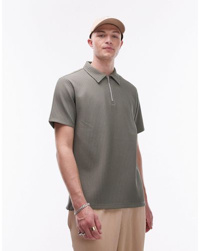 TOPMAN Short Sleeve 1/4 Zip Through Plisse Shirt - Gray