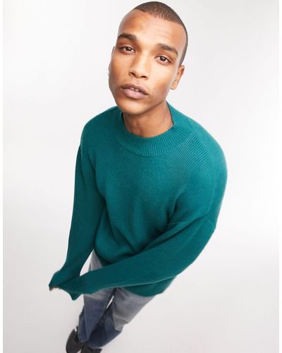 TOPMAN Knitted Rib Sweater With Turtle Neck - Blue