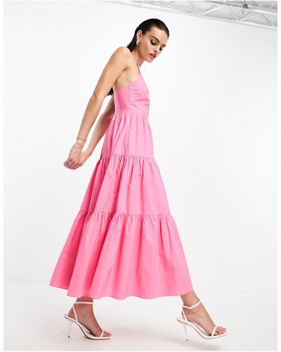 Glamorous Halter Neck Tiered Midi Dress - Pink