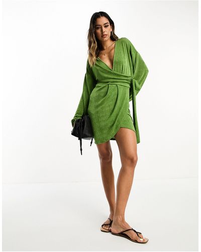 ASOS Long Sleeve Mini Wrap Dress With Side Tie - Green