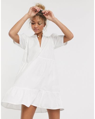 ASOS Cotton Tiered Mini Smock Dress - White