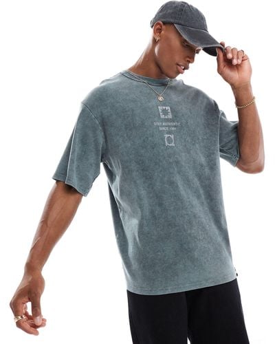 Pull&Bear T-shirt grigio slavato con stampa "stay authentic" - Blu