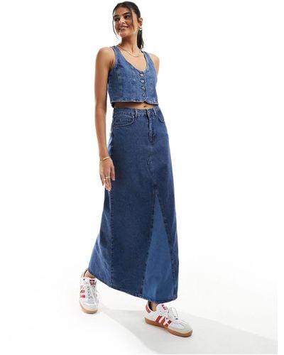 Something New Denim Maxi Skirt With Contrast Split Front Panel - Blue