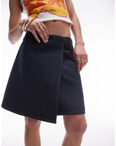 TOPSHOP Denim Knee Length Wrap Skirt With Buckle - Blue