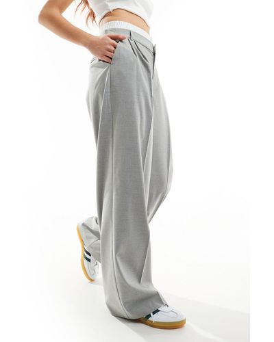 Stradivarius Tailored Trouser With Contrast Waistband - Grey