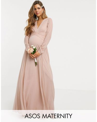 ASOS Asos Design Maternity Bridesmaid Ruched Waist Maxi Dress With Long Sleeves And Pleat Skirt - Multicolor