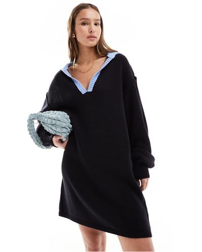 ASOS Knitted Rugby Shirt Mini Dress - Black