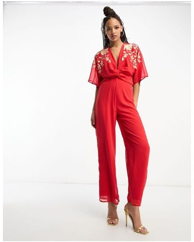 Hope & Ivy Kimono Front Embroide Jumpsuit - Red