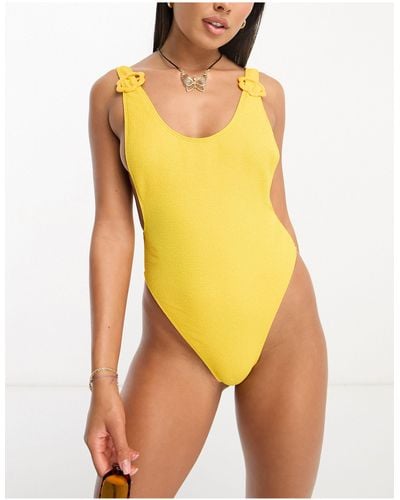 Reclaimed (vintage) Crinkle Swimsuit With Low Back And Flower Ring Details - Yellow