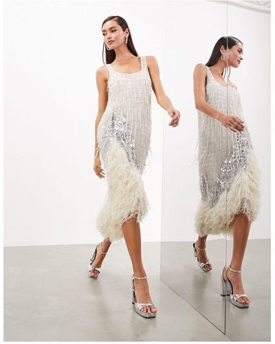 ASOS Scoop Neck Embellished Tassel Midi Dress With Faux Feather Hem - Natural