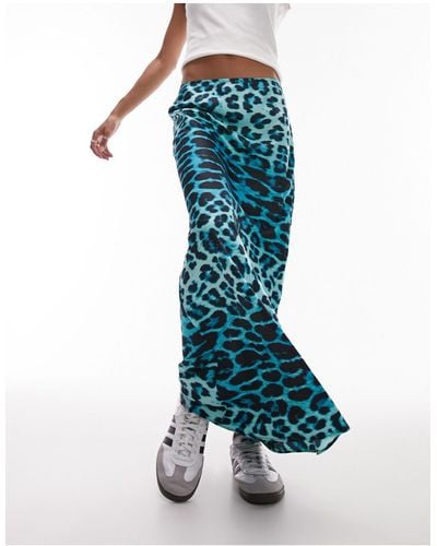 TOPSHOP Animal Print Bias Maxi Skirt - Blue