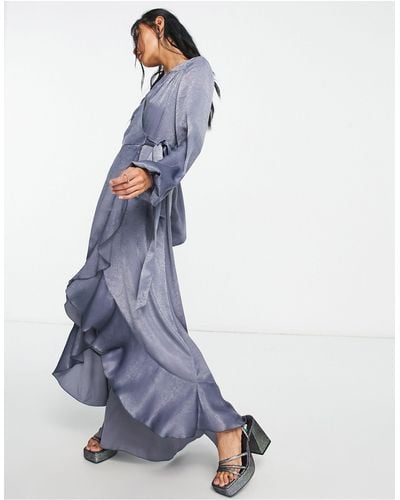 Flounce London Satin Long Sleeve Wrap Midi Dress - Blue