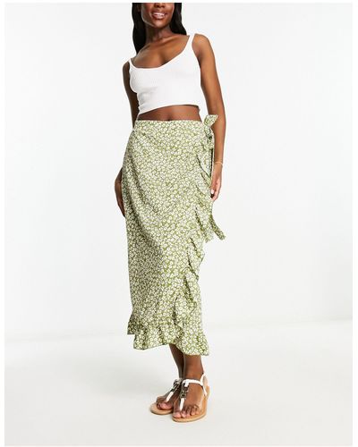 Vila Wrap Midi Skirt With Frill Detail - Green