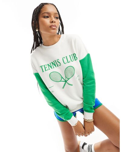 Pieces Sport Core 'tennis Club' Front Print Colour Block Sweatshirt - Green