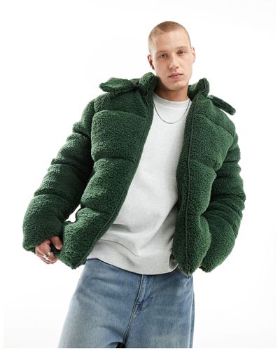 ASOS Borg Puffer Jacket With Removable Hood - Green