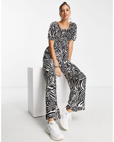 River Island Shirred Abstract Zebra Print Jumpsuit - Black