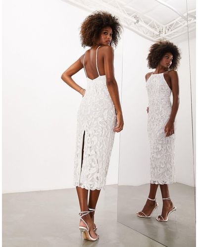 ASOS Sarina Sequin Cutwork Halter Midi Wedding Dress With Low Back In - Natural