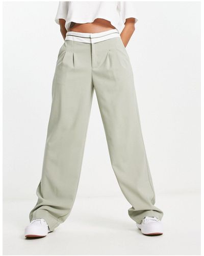 Pull&Bear Fold Over Waistband Tailored Trousers - White