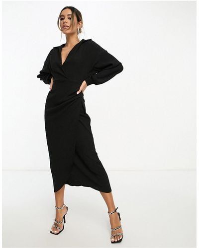 ASOS Textured Collared Wrap Midi Dress - Black