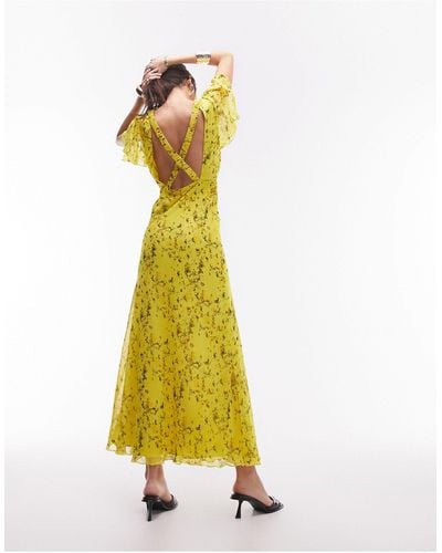 TOPSHOP Occasion Flutter Sleeve Maxi Dress With Back Detail - Yellow