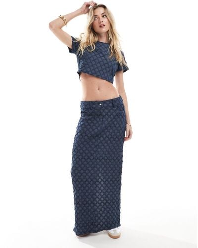 Something New Denim Textured Maxi Skirt With Back Split - Blue