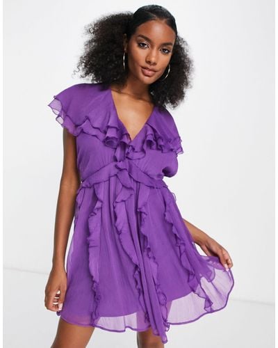 ASOS Flutter Sleeve Mini Dress With Ruffle Shoulder And Skirt Detail - Purple